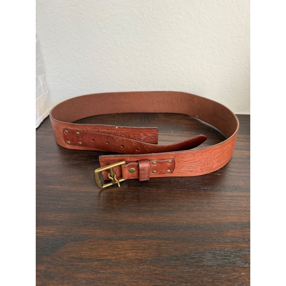 Lauren Ralph Lauren Tan Leather Floral Tooled Western Belt Brass Buckle Wide